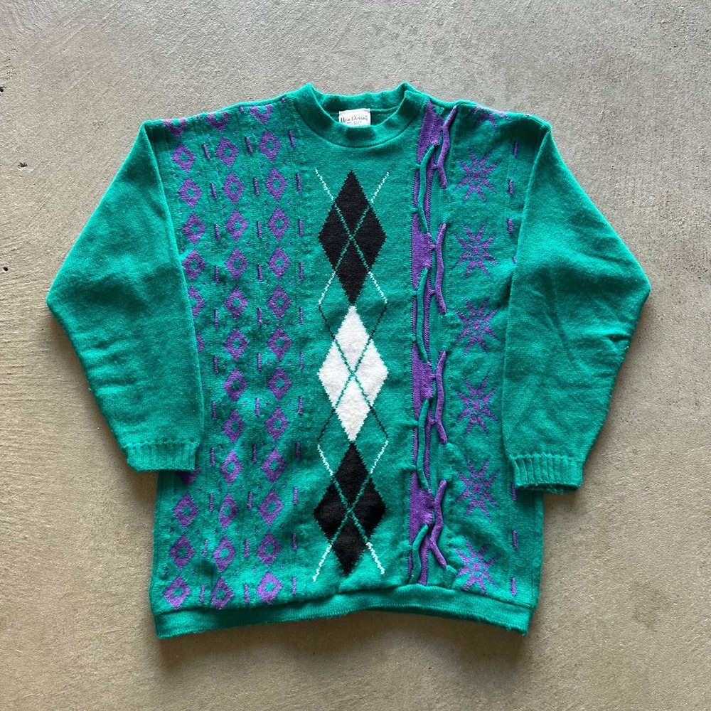 Vintage 90s Nan Dorsey Geometric Sweater Size Medium Green USA‎ Made Pullover
